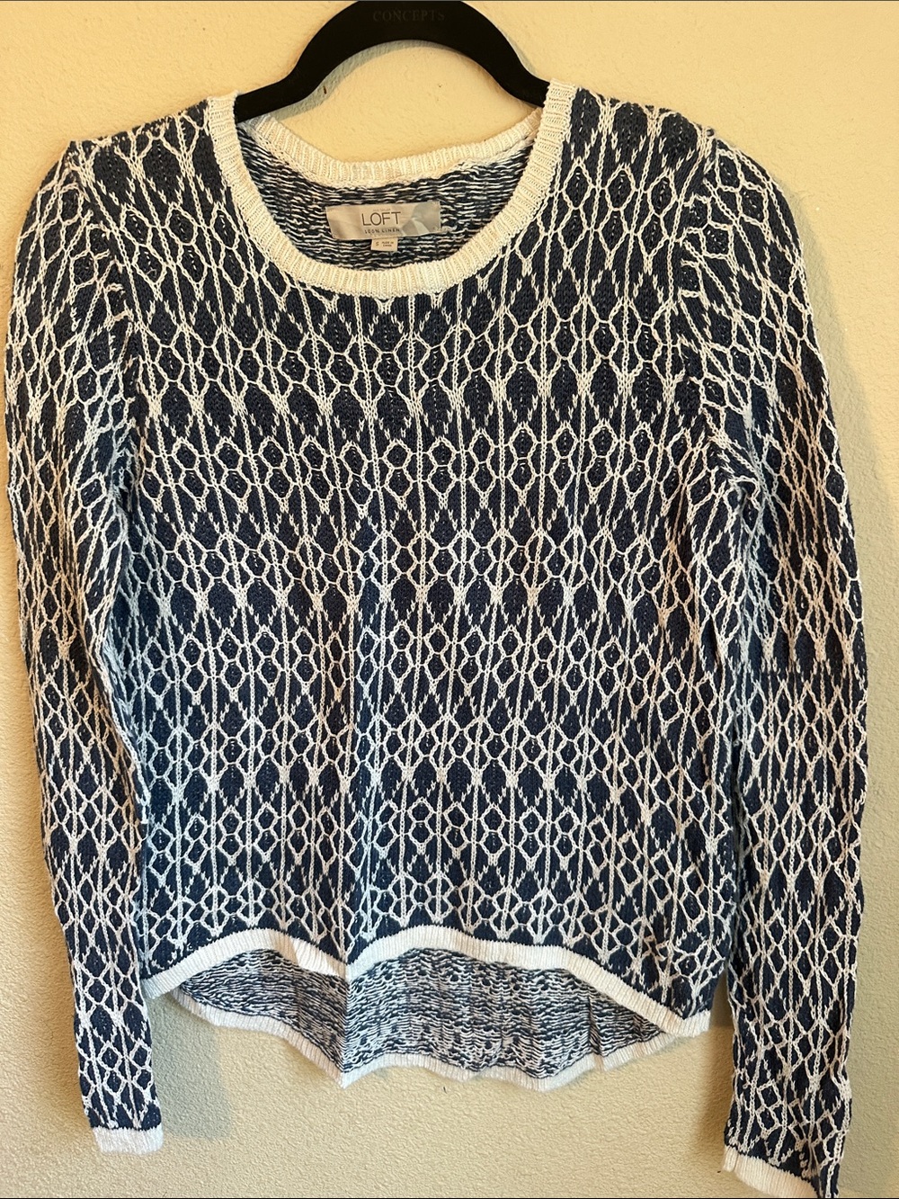 LOFT Navy and White Patterned Crewneck Sweater